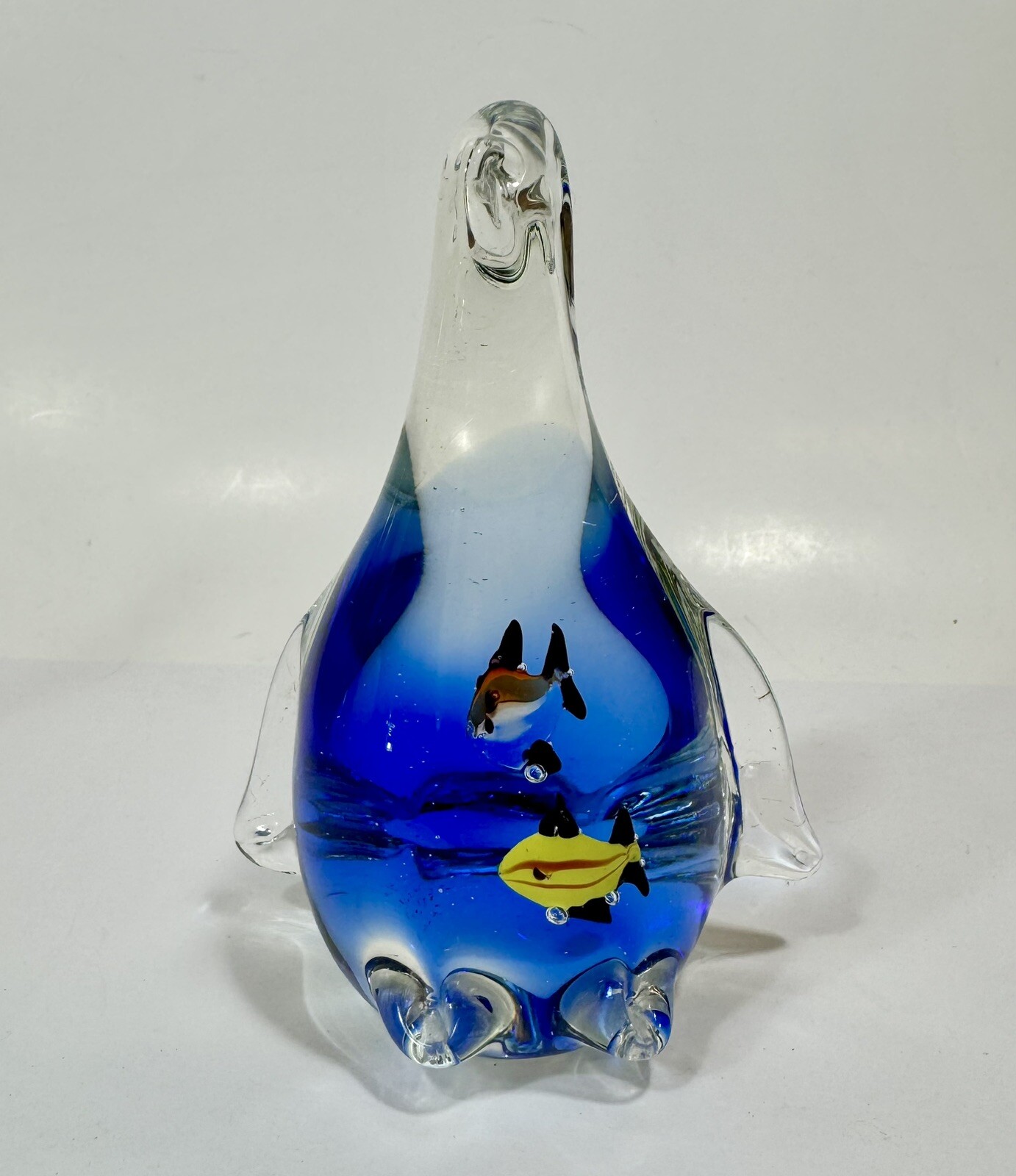 Art Glass Paperweight Penguin Cobalt Blue Figurine Statue Fish 4.25”