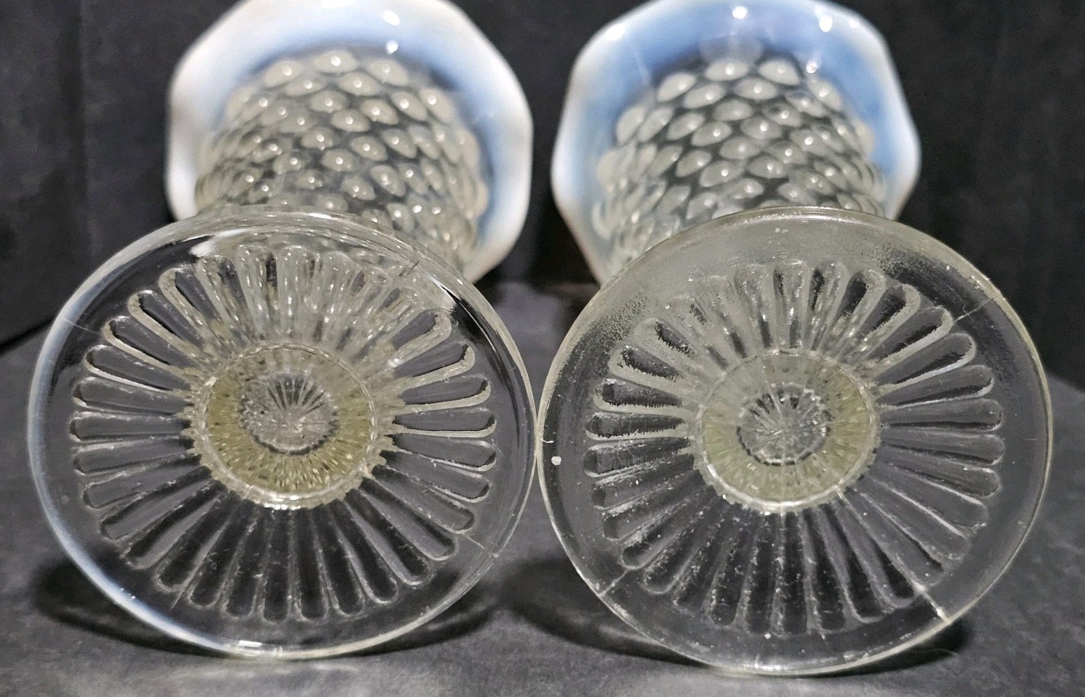 3 Moonstone Opalescent Hobnail 2-5.5″ Bud Vases 3 Divide Dish Anchor Hocking