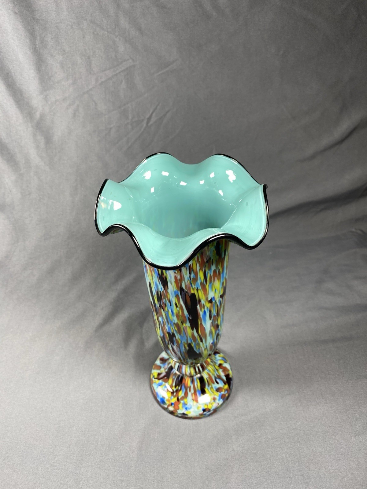 Vintage Franz Welz Bohemian Czech Art Glass Ruffle Splatter Vase, Marked 9.75”