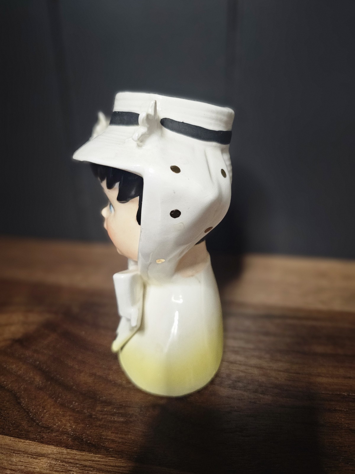 Vintage Relpo Lady Head Vase K1147 RARE YELLOW Gold Polka dot MCM Retro Chic 4