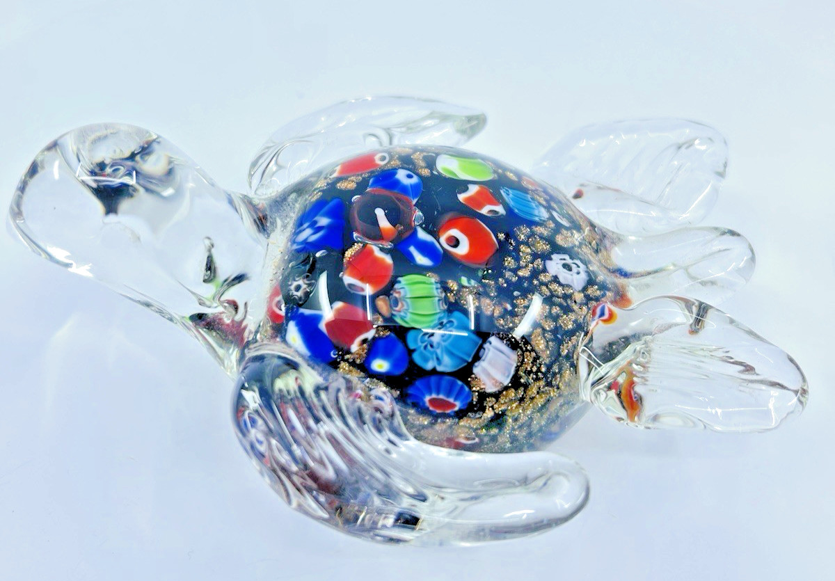 VTG Hand Blown Glass Murano Millefiori Glittery Accents Paperweight Turtle