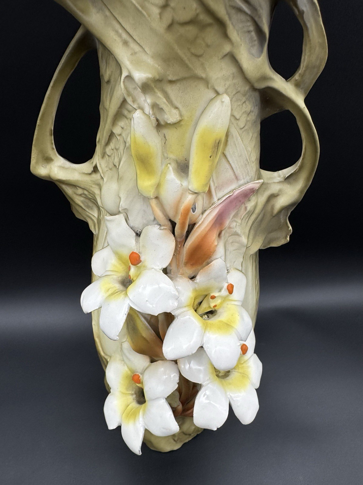Royal Dux Vase, Easter Lilies, Art Nouveau, Double Handle, Turn Teplitz, 16″