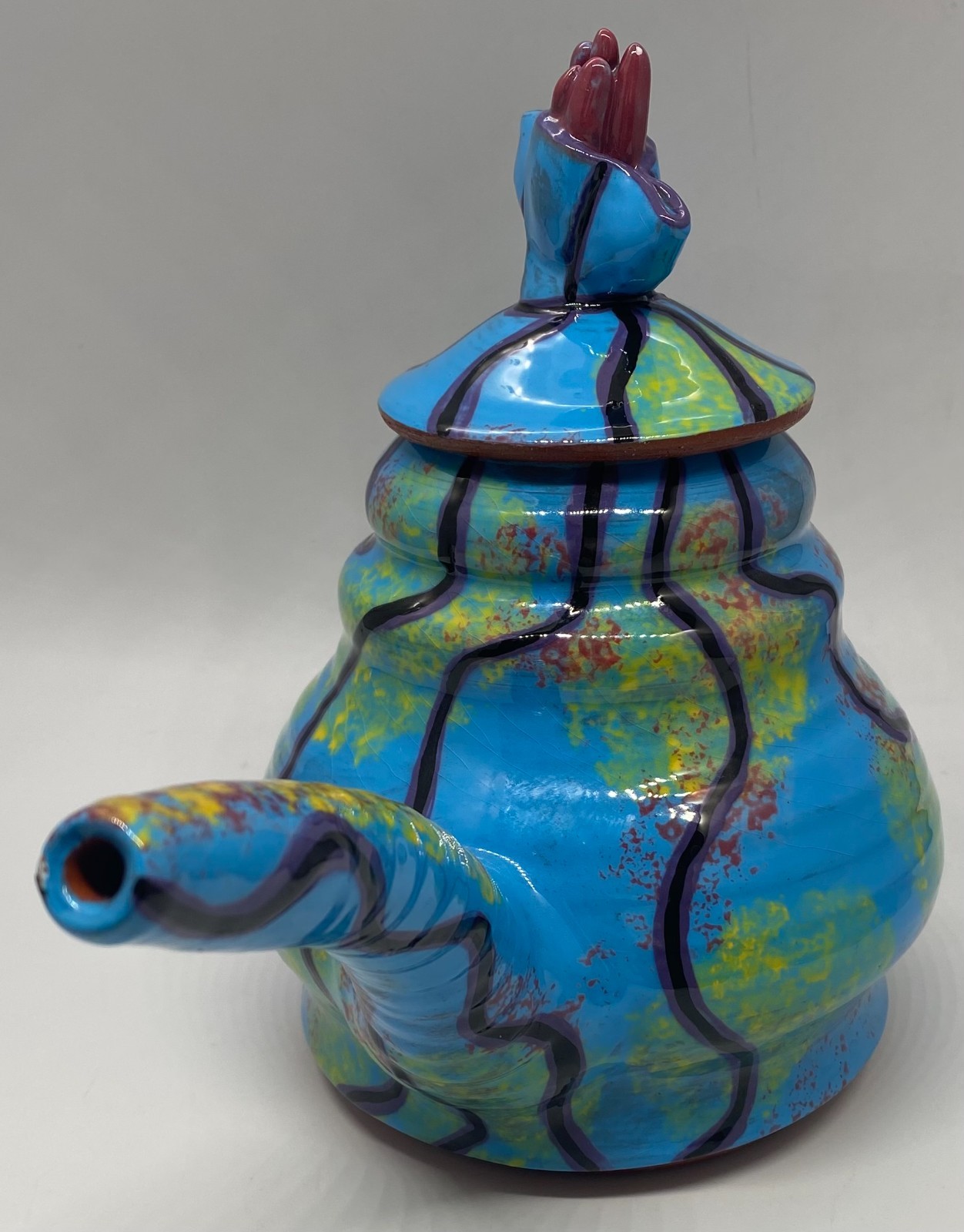 Signed Studio Art Pottery Teapot 1987 Blue Abstract Handmade Ceramic Teapot Lid