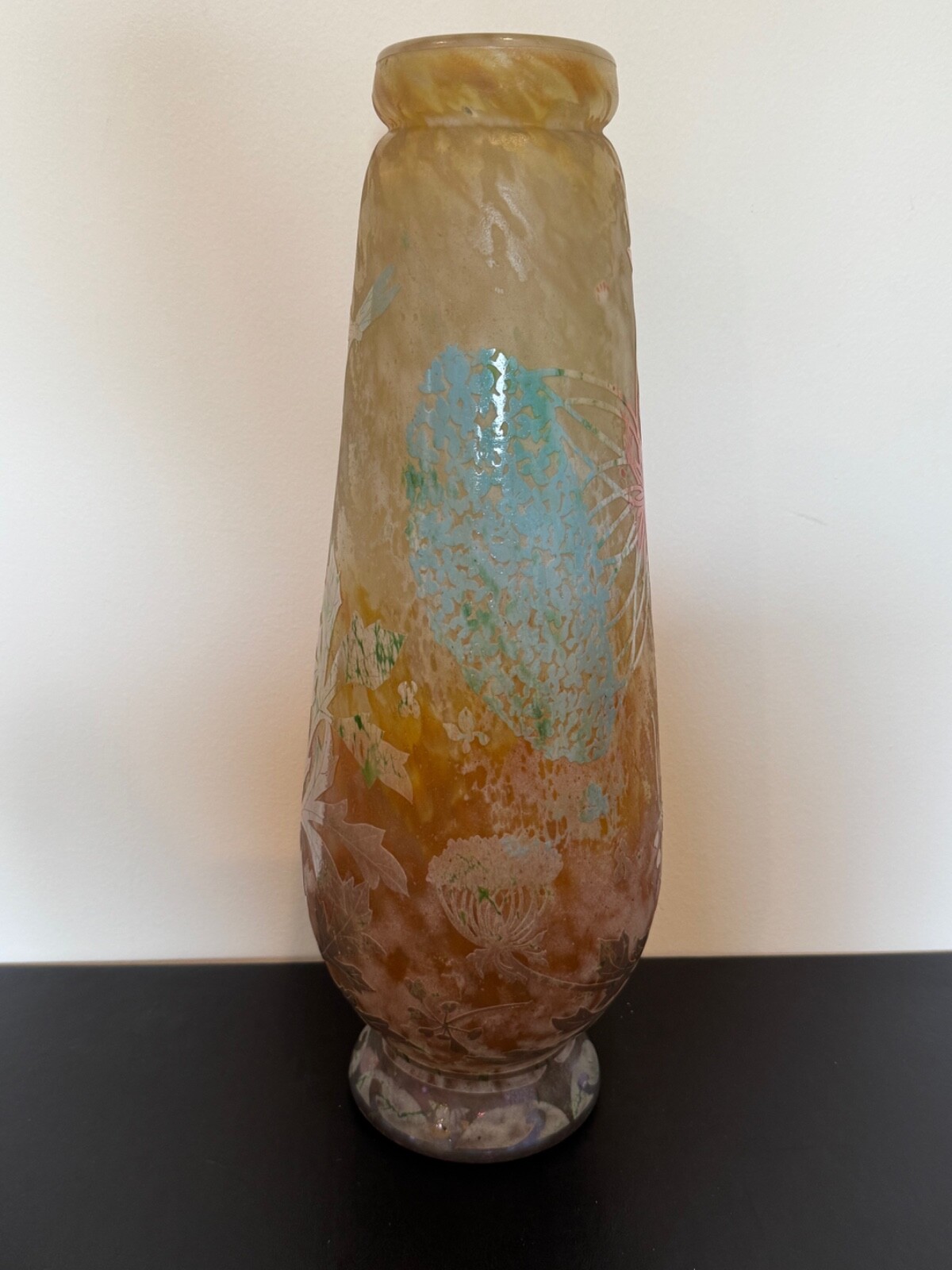 Antique French Daum Nancy Large Art Glass Vase w/ Dragonfly & Floral Decoration