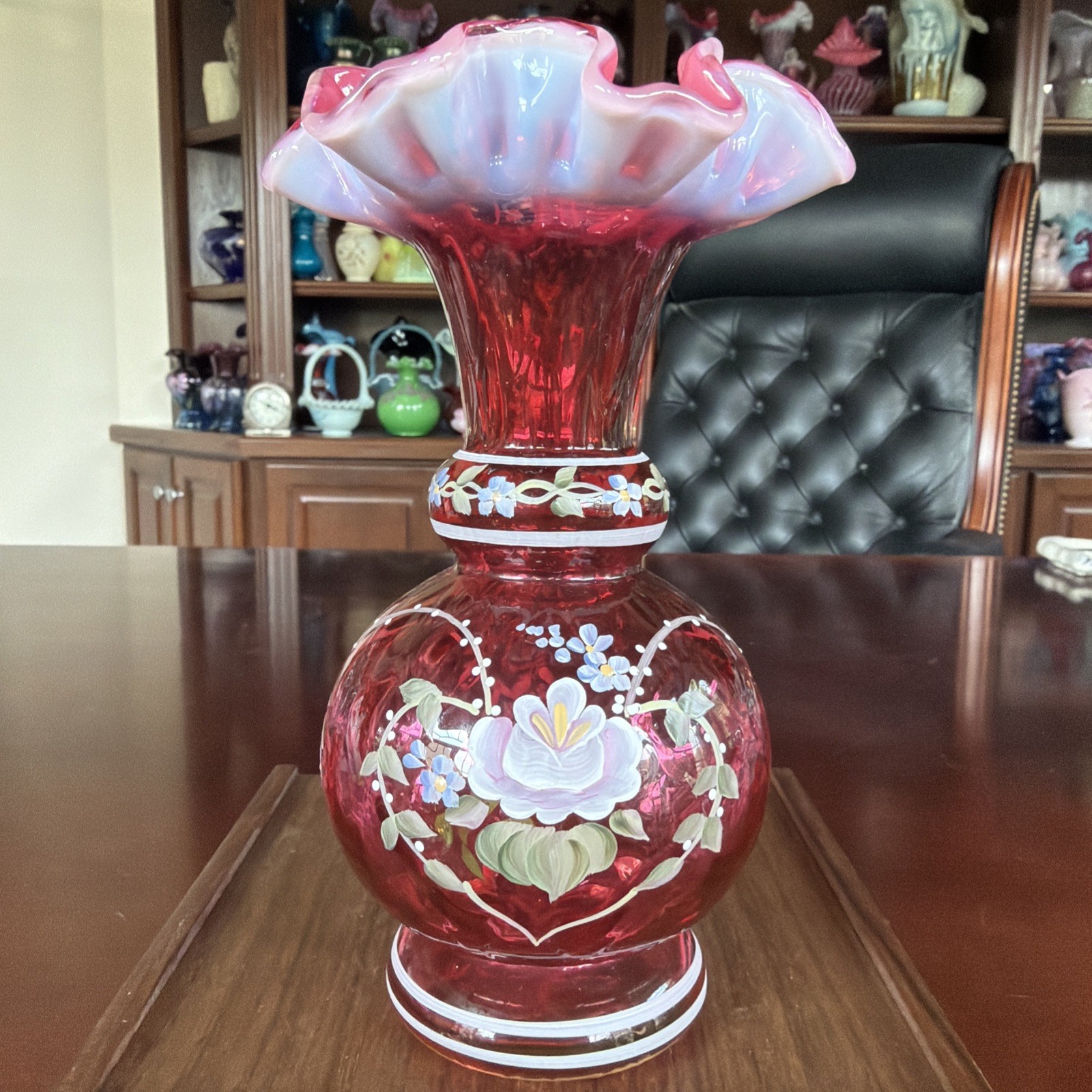 Fenton Cranberry Opalescent Diamond Optic Vase Ltd Ed Museum Collection Signed