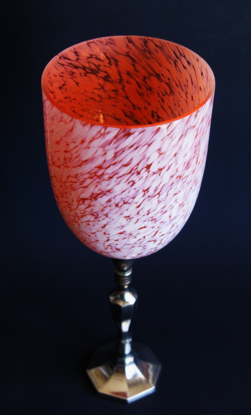 Vintage Art Glass Chalice Vase with Chrome Handle Peach with White 13″