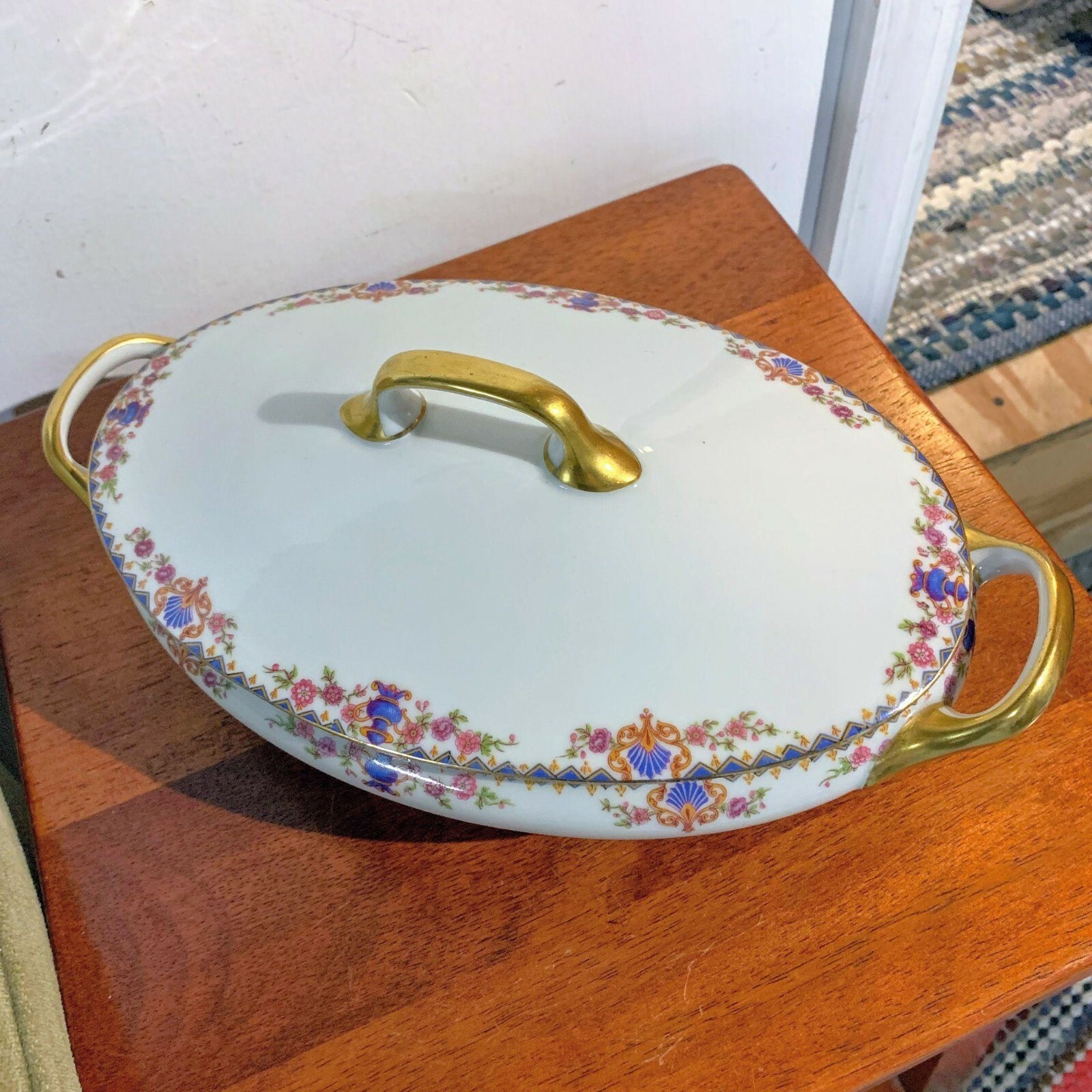 Antique Mavaleix & Granger Limoges Blue Triangles, Urns & Fans, Floral Oval Dish