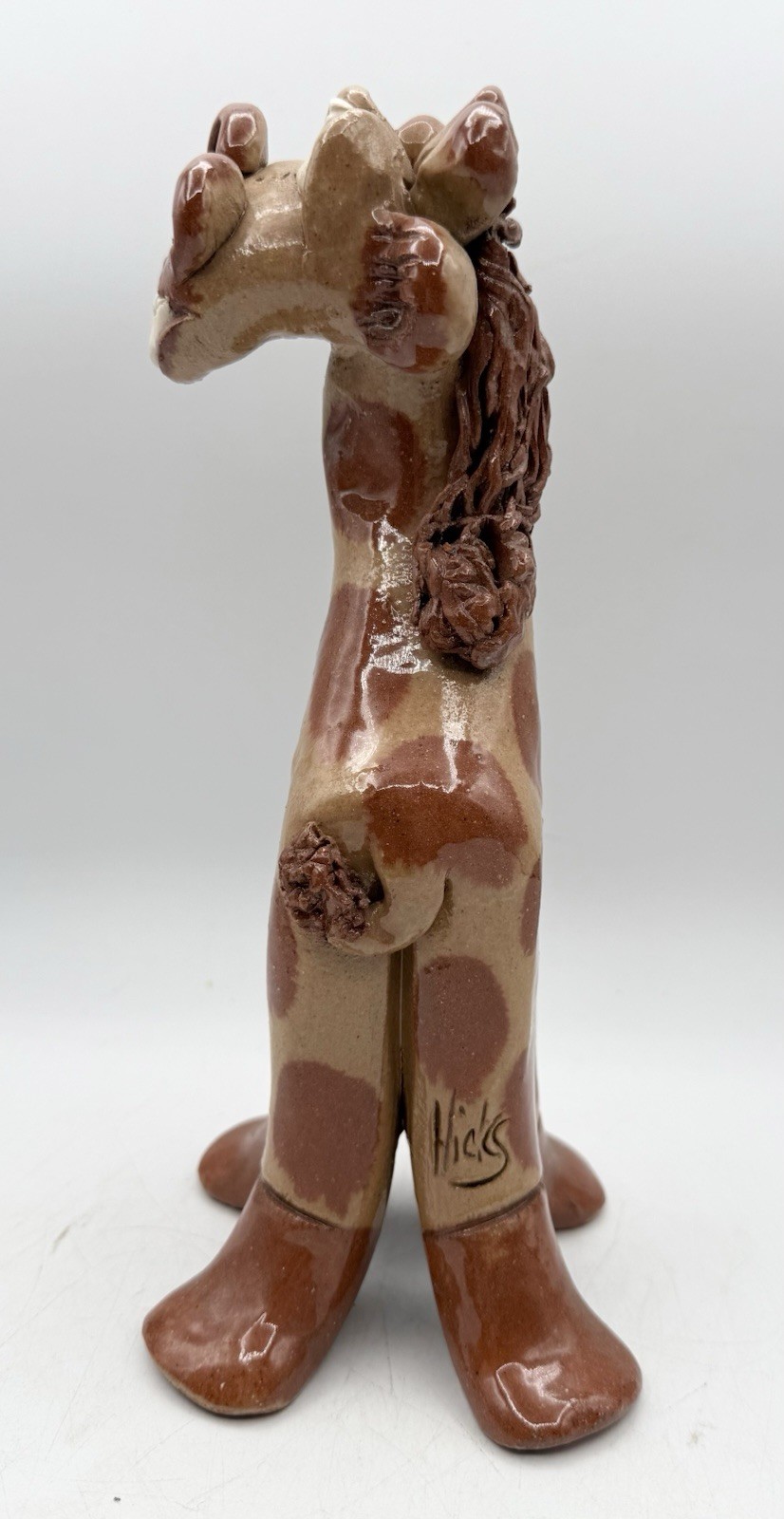 Vintage Hicks Pottery Whimsical Giraffe Figurine Handcrafted Clay Signed 10”