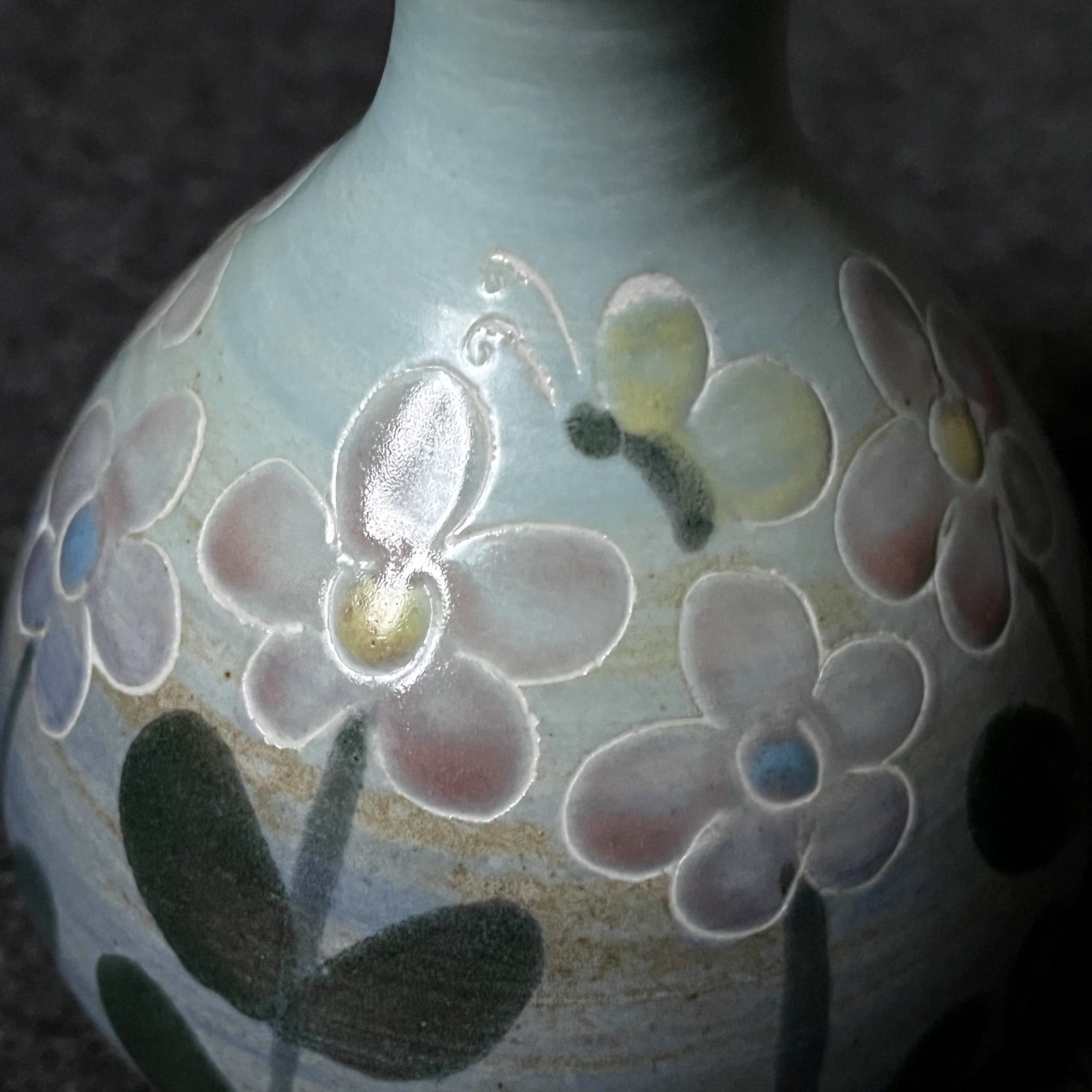 Ceramic Art Pottery Small Vase Floral Design Butterflies Nature Hand Painted