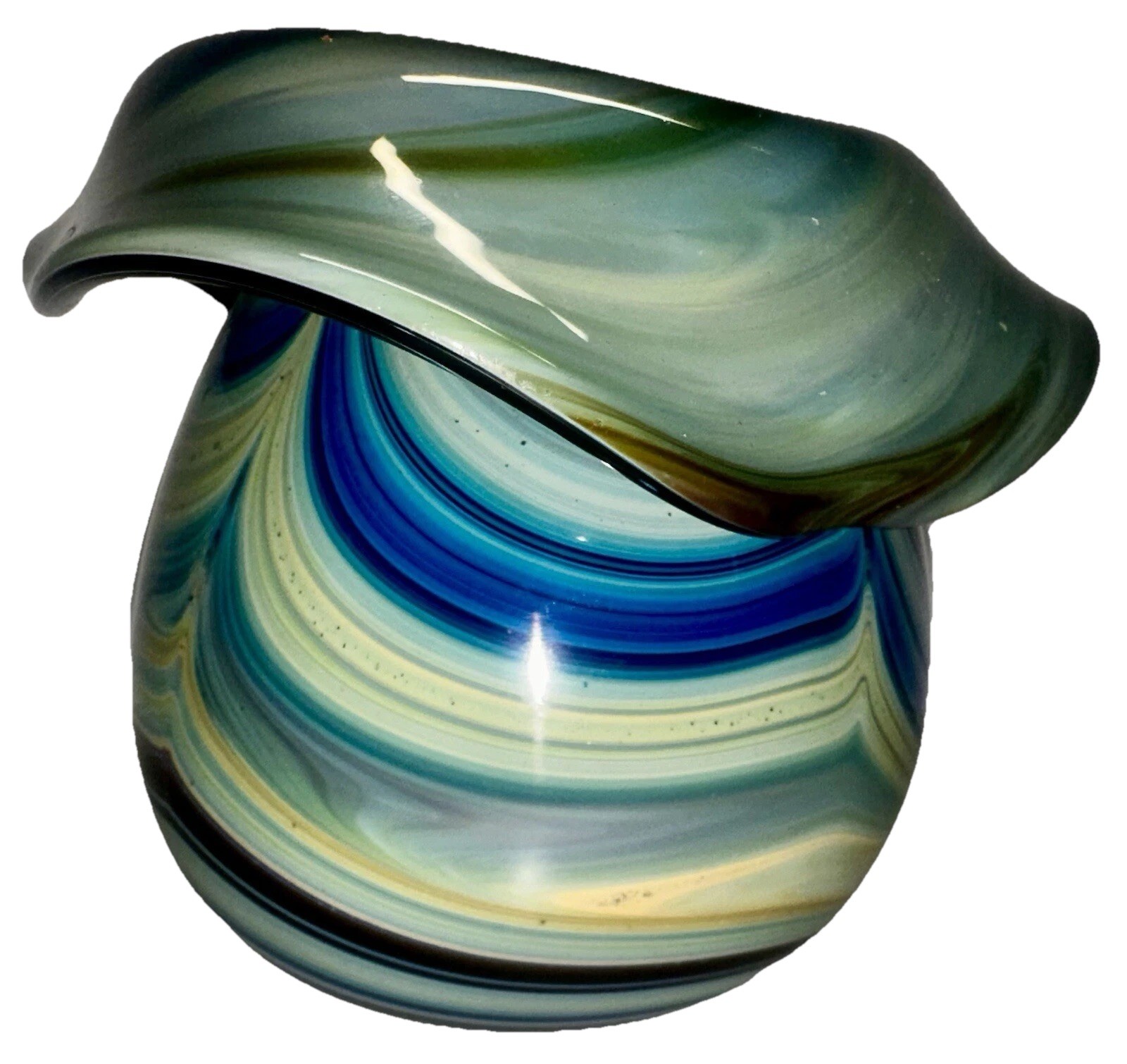 Vintage El Enany Egypt Art Glass Vase Hand Blown Blue Green Swirl Ruffled