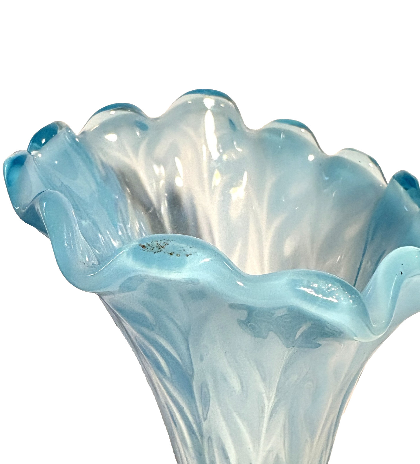 Jefferson Blue Aqua Opalescent Glass Heatherbloom Swung 11″ Vase Intro 1905