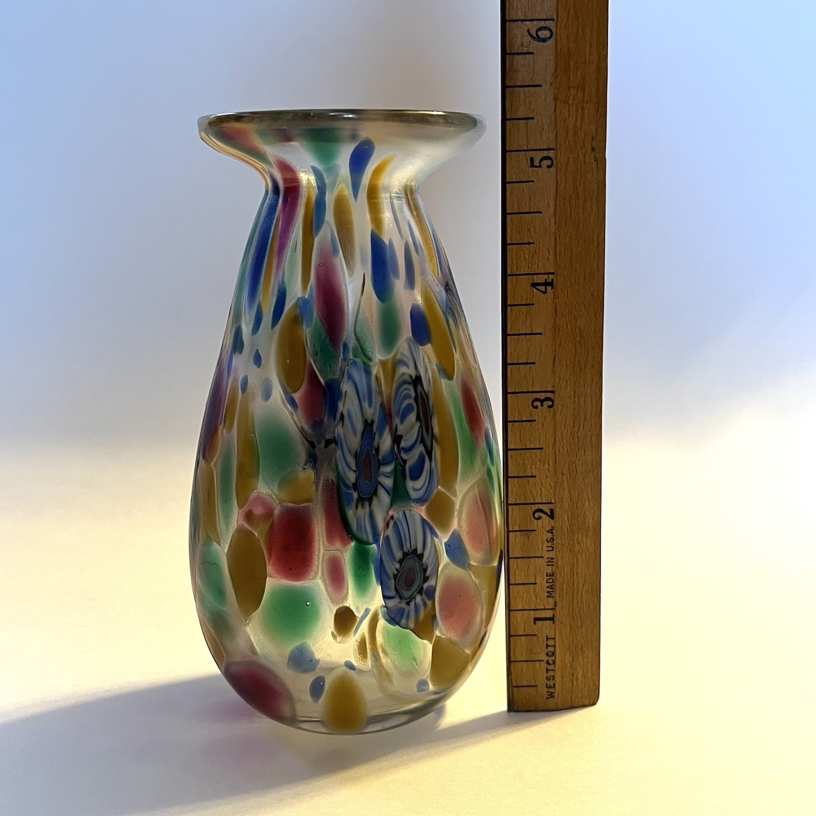 Signed Herb A. Thomas Vase Iridescent Art Glass with Millefiori Floral 5.25″