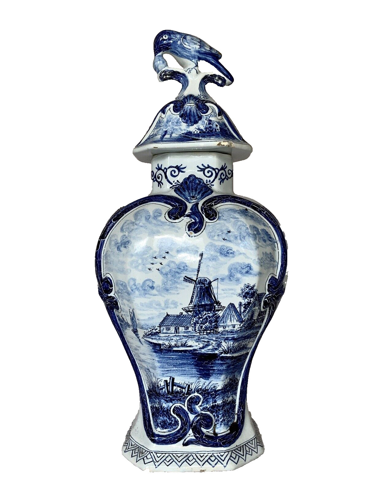 ANTIQUE TICHELAAR MAKKUM DUTCH DELFT BLUE LIDDED URN C. 1880-1895 WINDMILL HEART