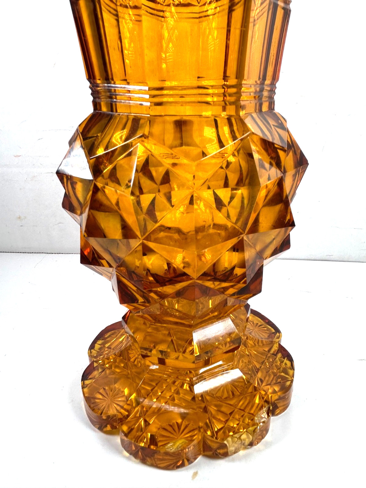 Vintage EAPG Honey Gold Amber Pressed Glass Vase 9.5” Multi Patterns & Sections