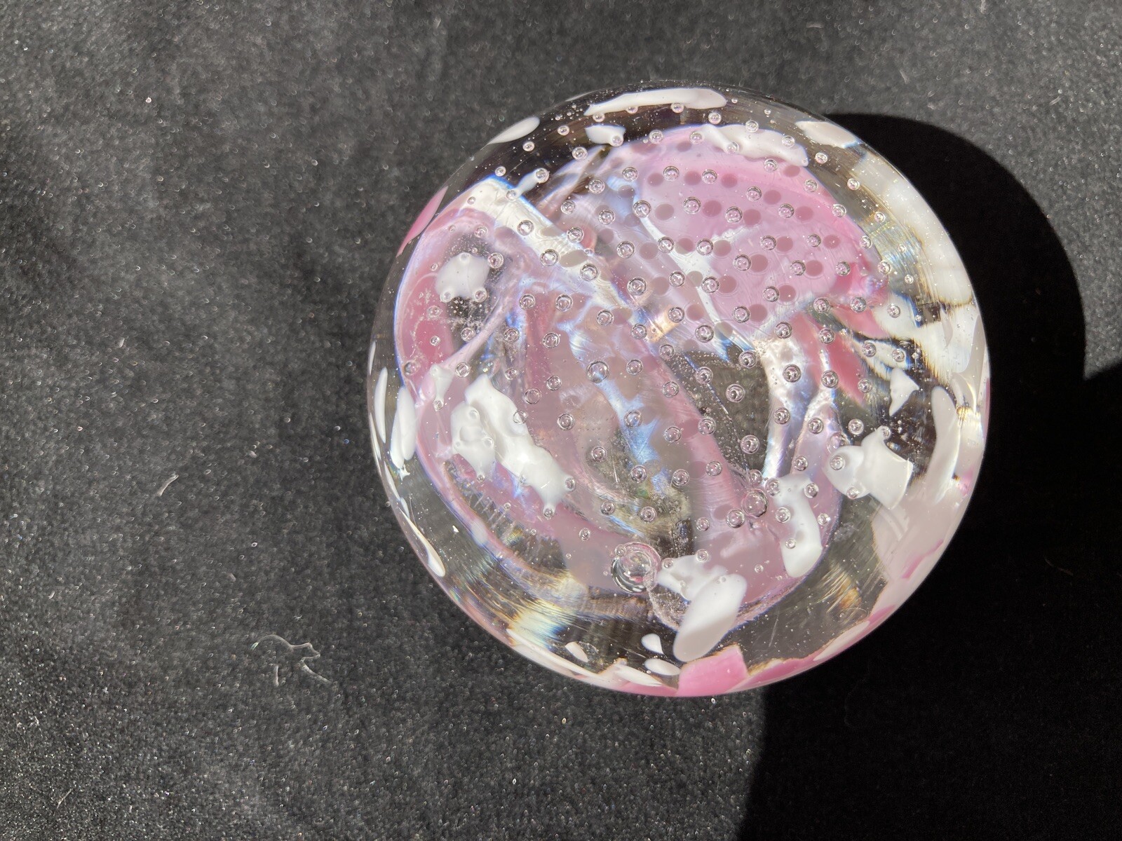 Vintage Clear Glass Paperweight Pink White Swirls Controlled Bubbles Signed Sam