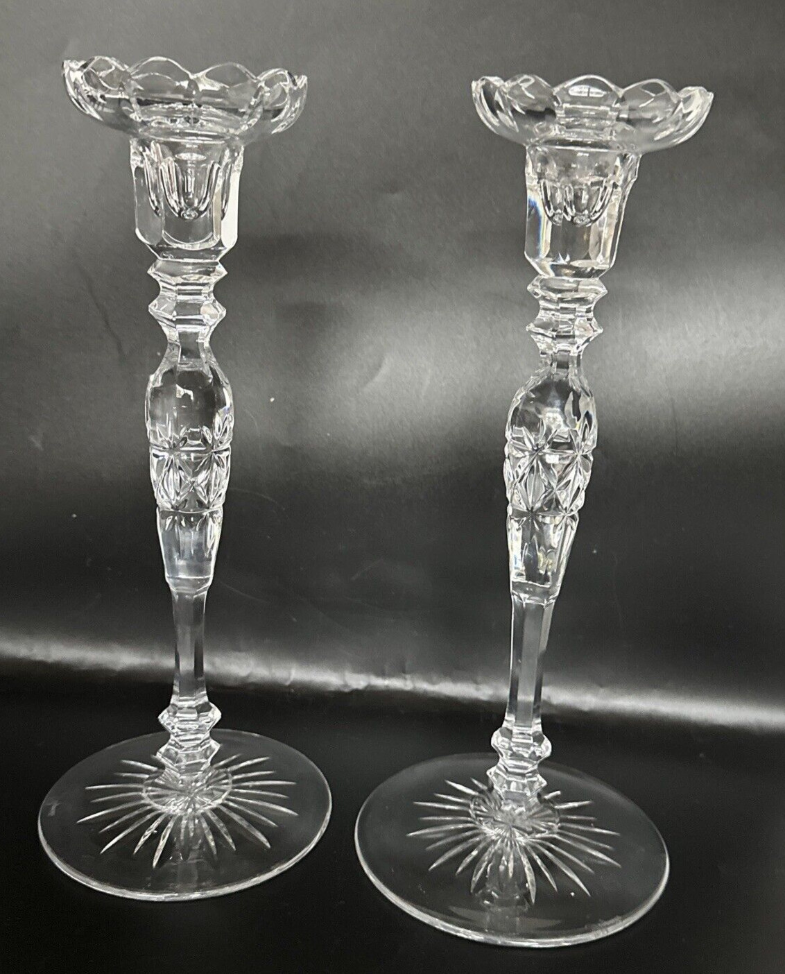PAIR Rogaska Rosemont Full Lead Crystal Rose Stem Candlesticks 10 3/8 In .