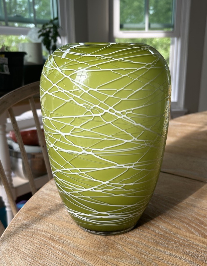 Vintage Murano Style Hand Blown Cased Glass Vase Chartreuse With White Accent