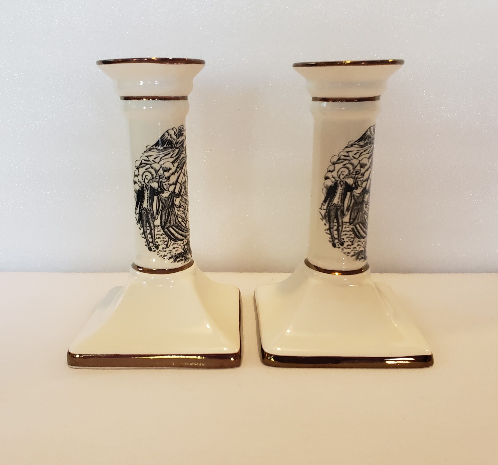Grays Pottery Candlesticks 6 1/8 Inch Early Americana Scene Set Of 2 Vintage
