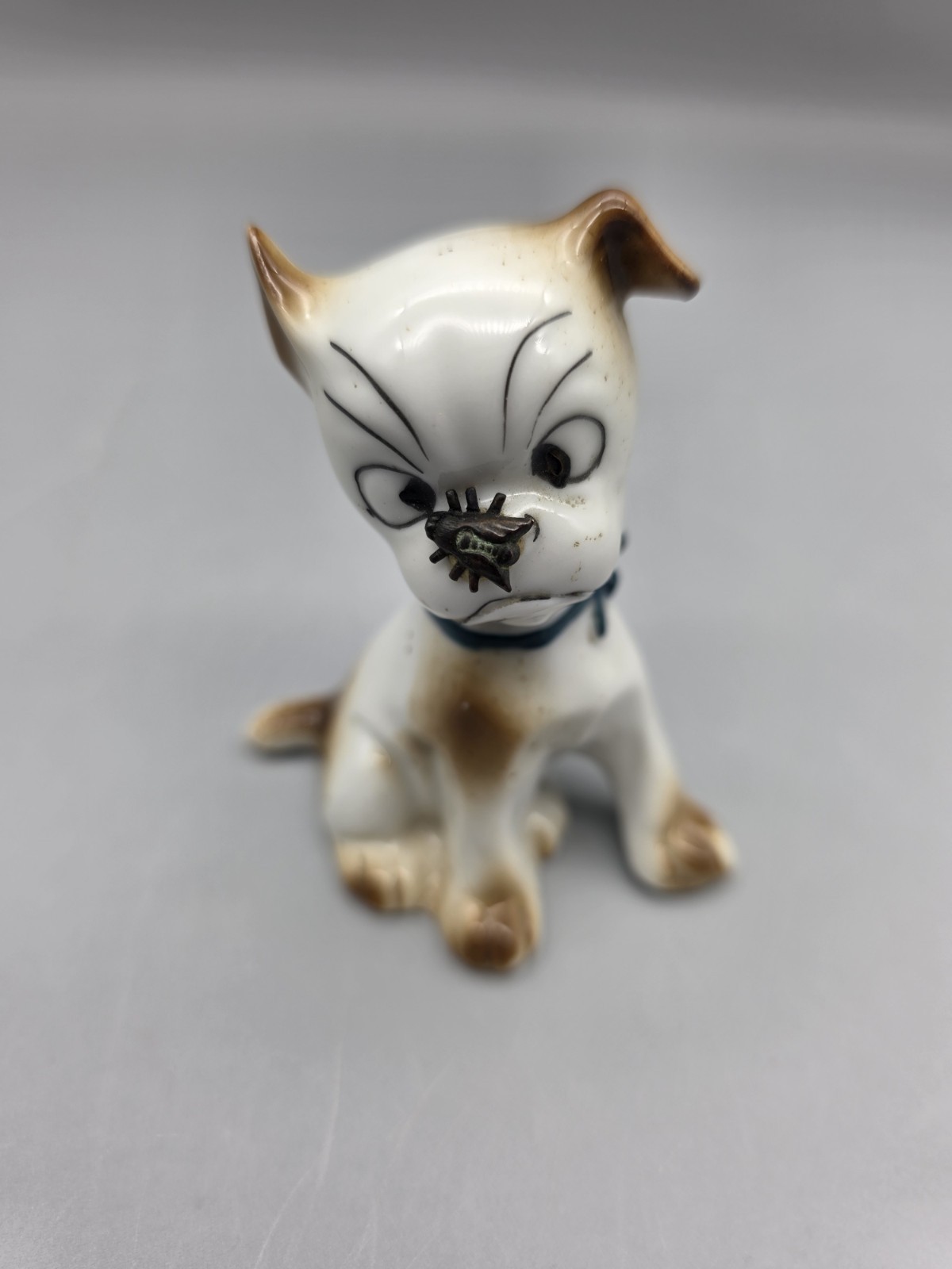 Vintage Porcelain Puppy Dog Figurine W Fly on Nose Brown Speckled Germany #5562