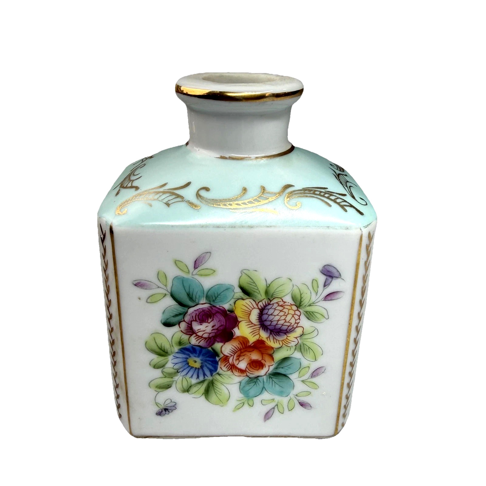 Parisienne Porcelain Vase 5104 Floral Multicolor Gold Gilt Square Bud Bottle