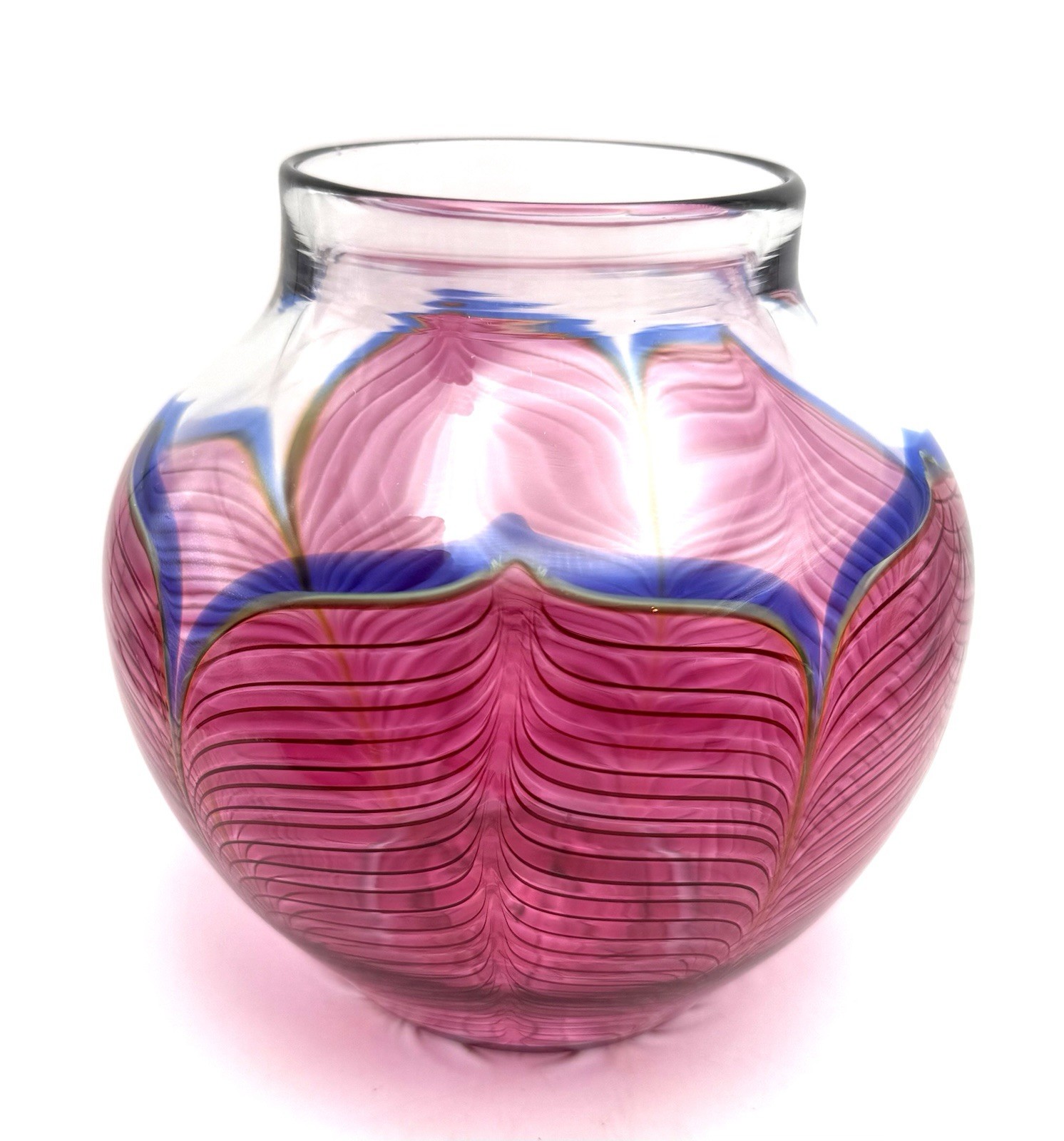 Zellique Studio Signed JM Joseph Morel Pulled Feather Vase 5.75” 1990 Art Glass