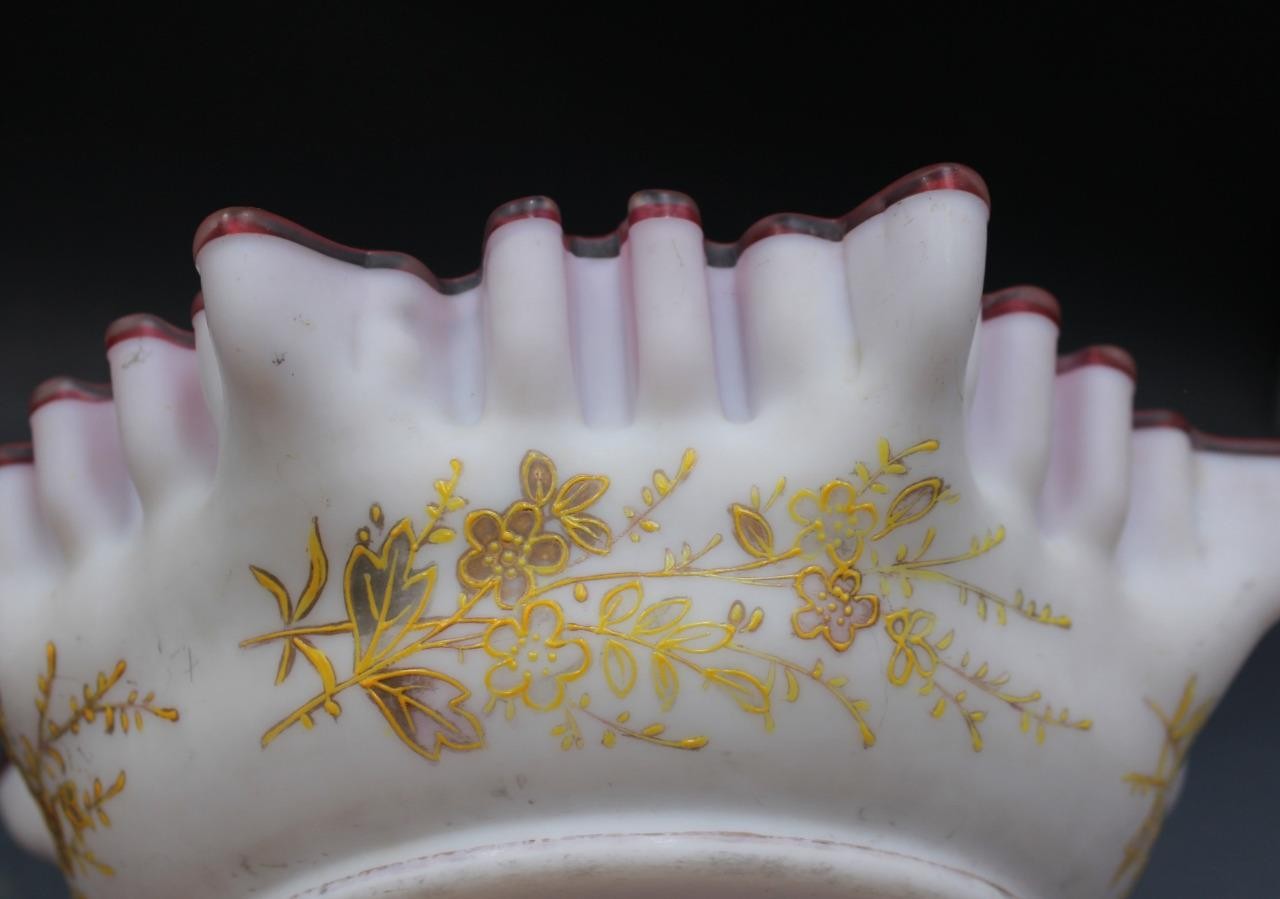 19C Victorian Cased Pink & White Enamel Glass Brides Basket Bowl Centerpiece
