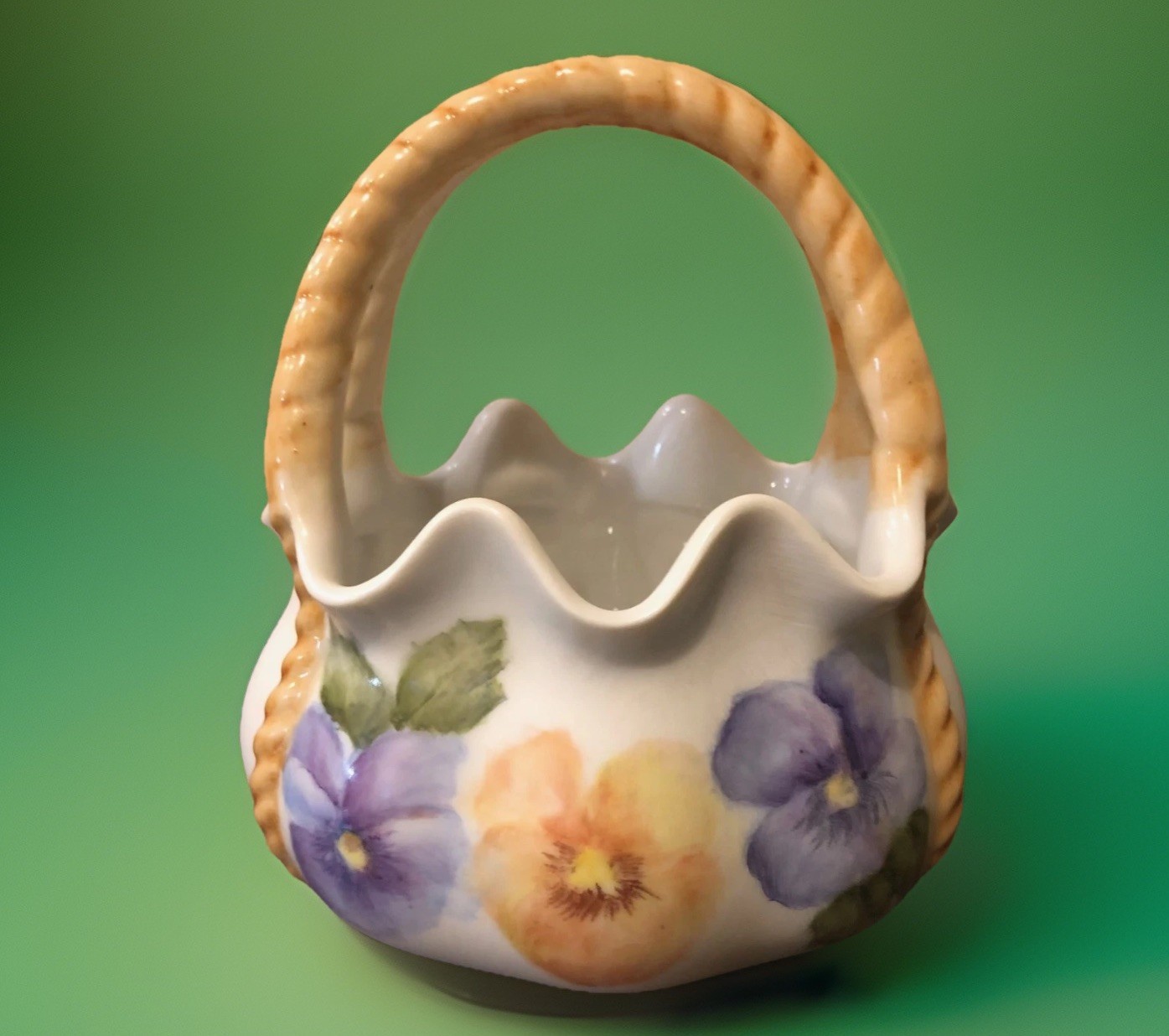 Vtg 1970’s Hand Painted Porcelain Pansie Floral Basket Vase Signed by Artisan