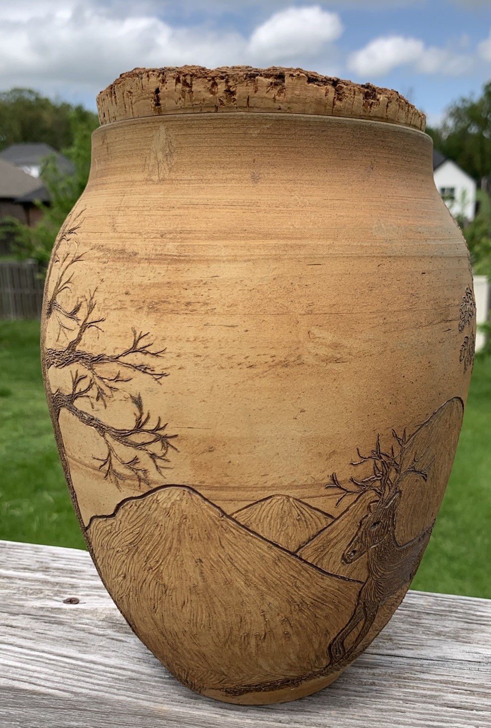 Lg Southwestern MH Studio Pottery Vase Tree Cap Mountains Deer Lidded 11” Signed