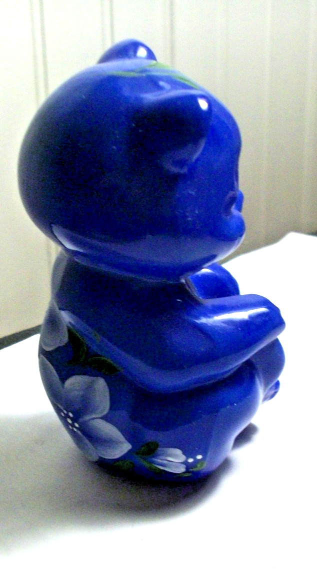 Fenton periwinkle blue art glass 3 1/2” BEAR white flowers H.P. signed M Hope