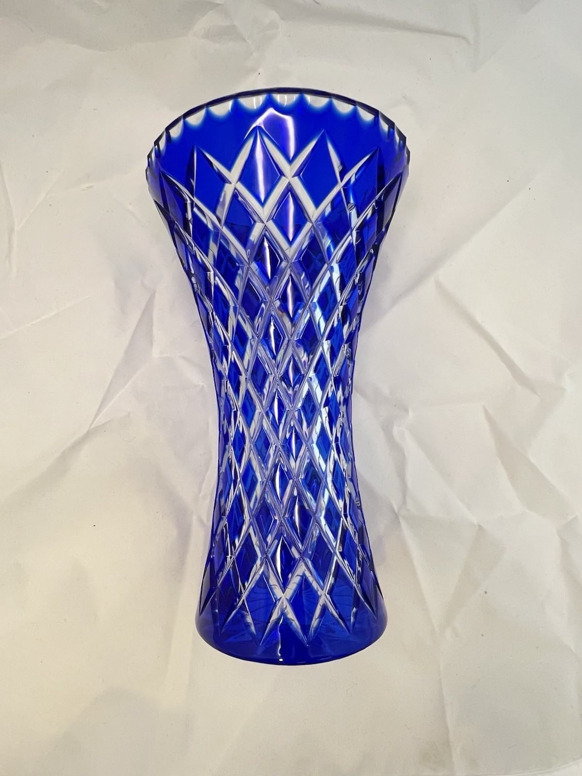 Royal Hapsburg Blue Cut 24% lead Crystal Vase 9 3/4in Diamond Pattern Czechia