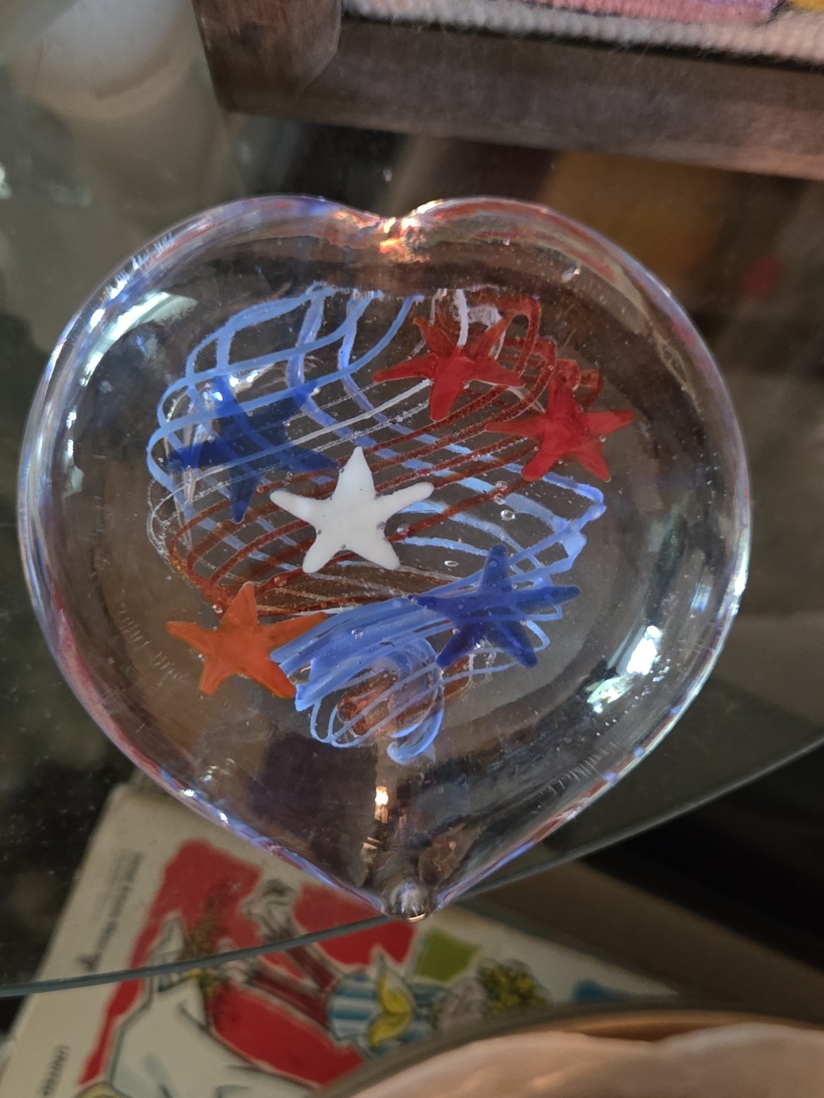 Art Glass Heart Paperweight Patriotic Red White Blue 3.5″