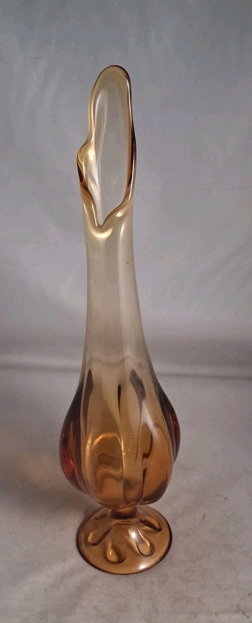 VTG Viking Swung Vase Amber Footed Petal Ribbed Art Glass MCM 14″
