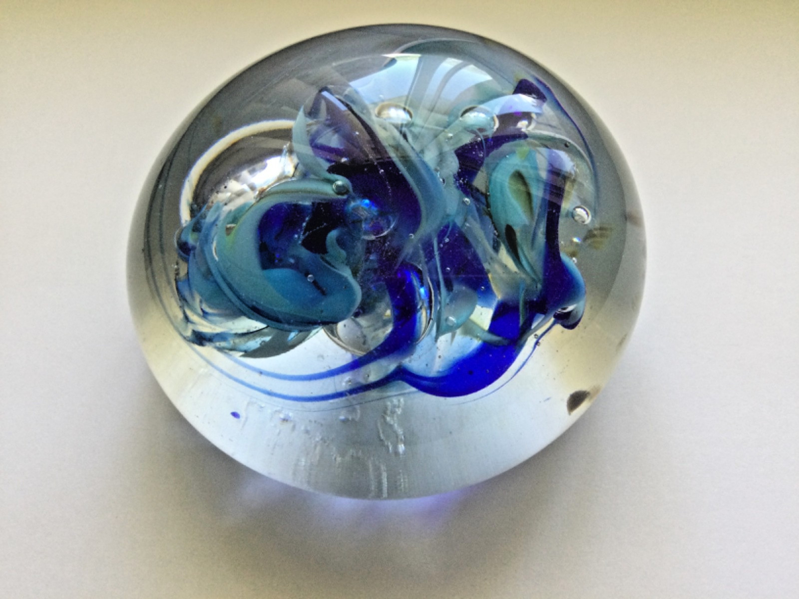 Vintage Hand-Blown Art Glass Paperweight 3.25″ Blue Swirl 1988 Signed