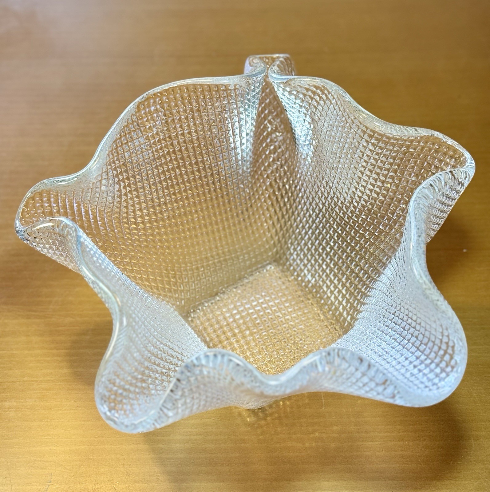 Murero Italy IVV Hand Blown Clear Diamond Textured Free Form Handkerchief Vase
