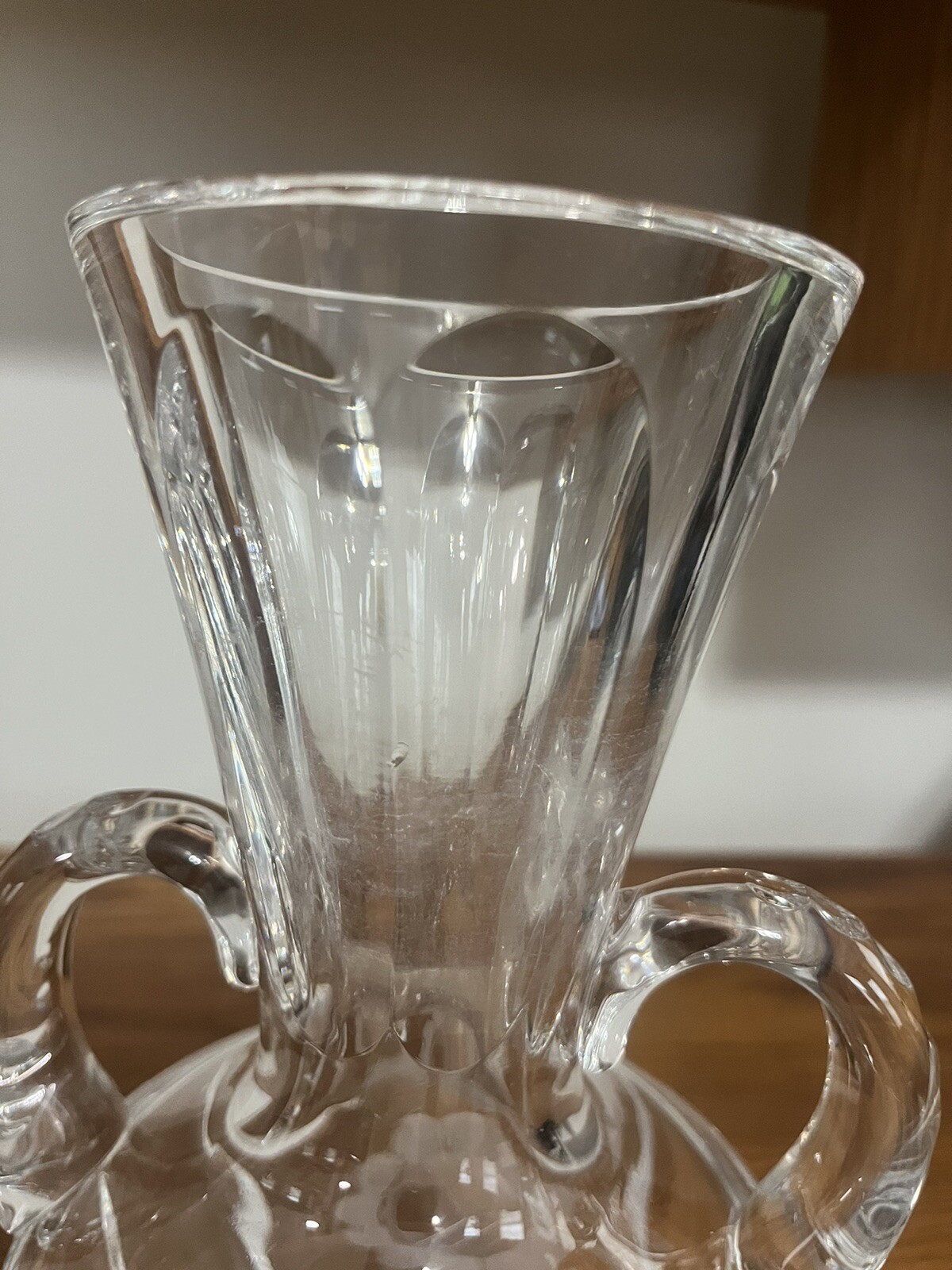 ANTIQUE GORHAM 11 3/4” TALL ETCHED CUT LEAD CRYSTAL TWO HANDLE VASE – 4lb 11 oz.