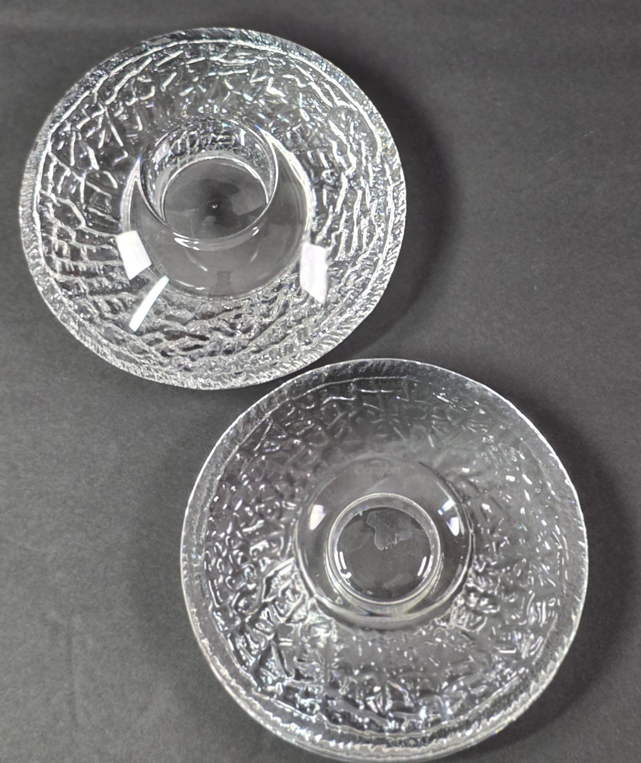 Orrefors Diskus Crystal Votive Holders Pair Signed 5.5″ Scandinavian MCM Decor