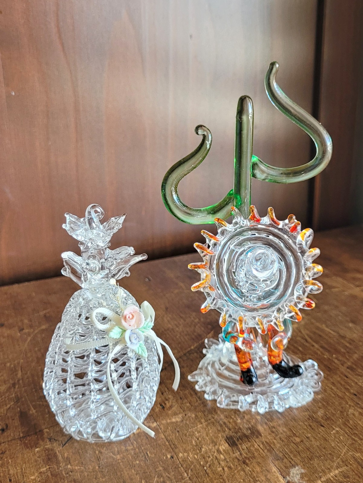 Vintage Hand Blown Art Glass Figurines Set Lampwork Figure With Basket Decor
