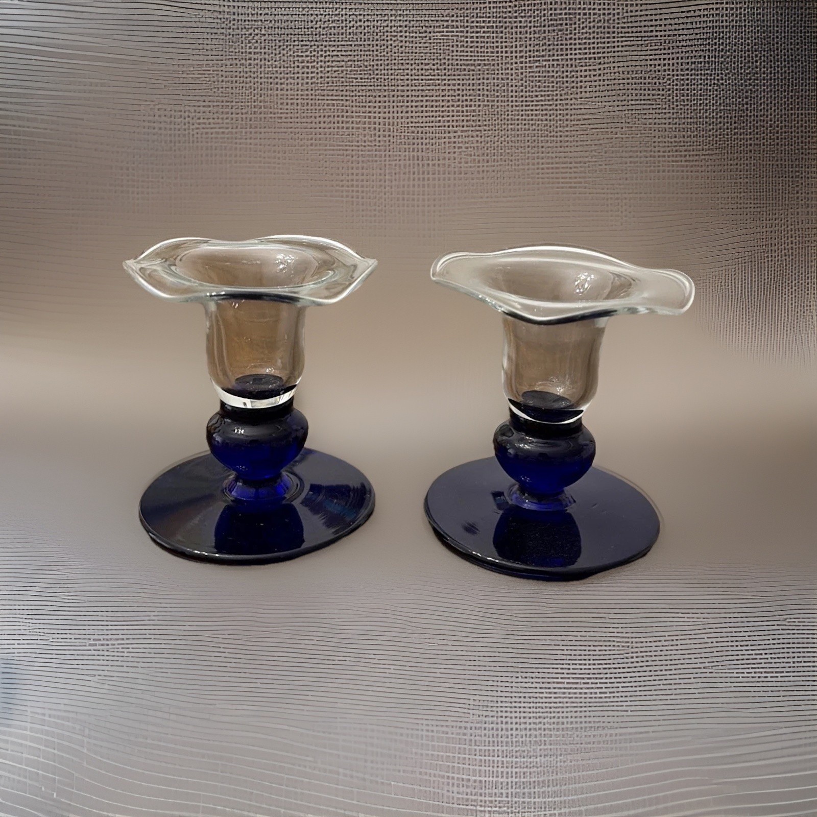 Vtg 2 Piece Set Princess House Crystal Sapphire Cobalt Blue Candlestick Holders