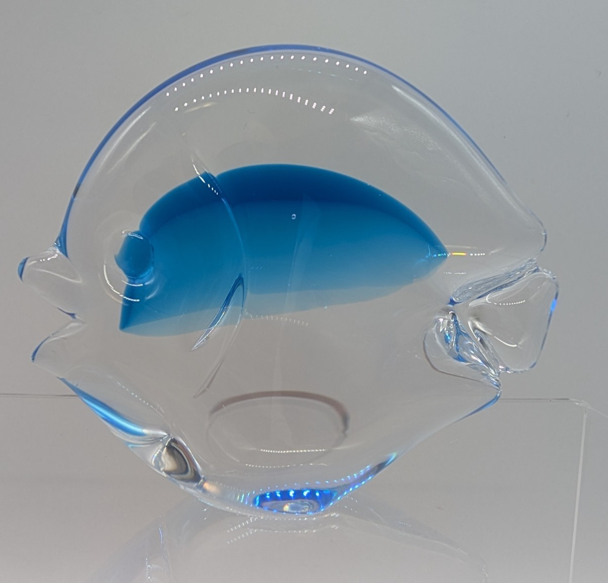 Josef Marcolin Signed Glass Paperweight Clear Blue Fish 3×4 Inches