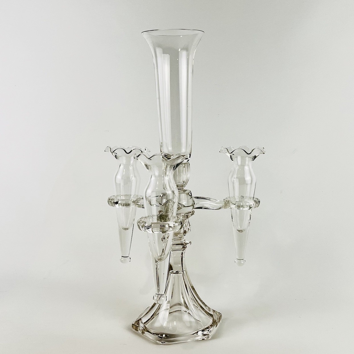 VTG Cambridge Glass Epergne Candelabra 3 Arm Candle Holder Vase 6 Pc Centerpiece