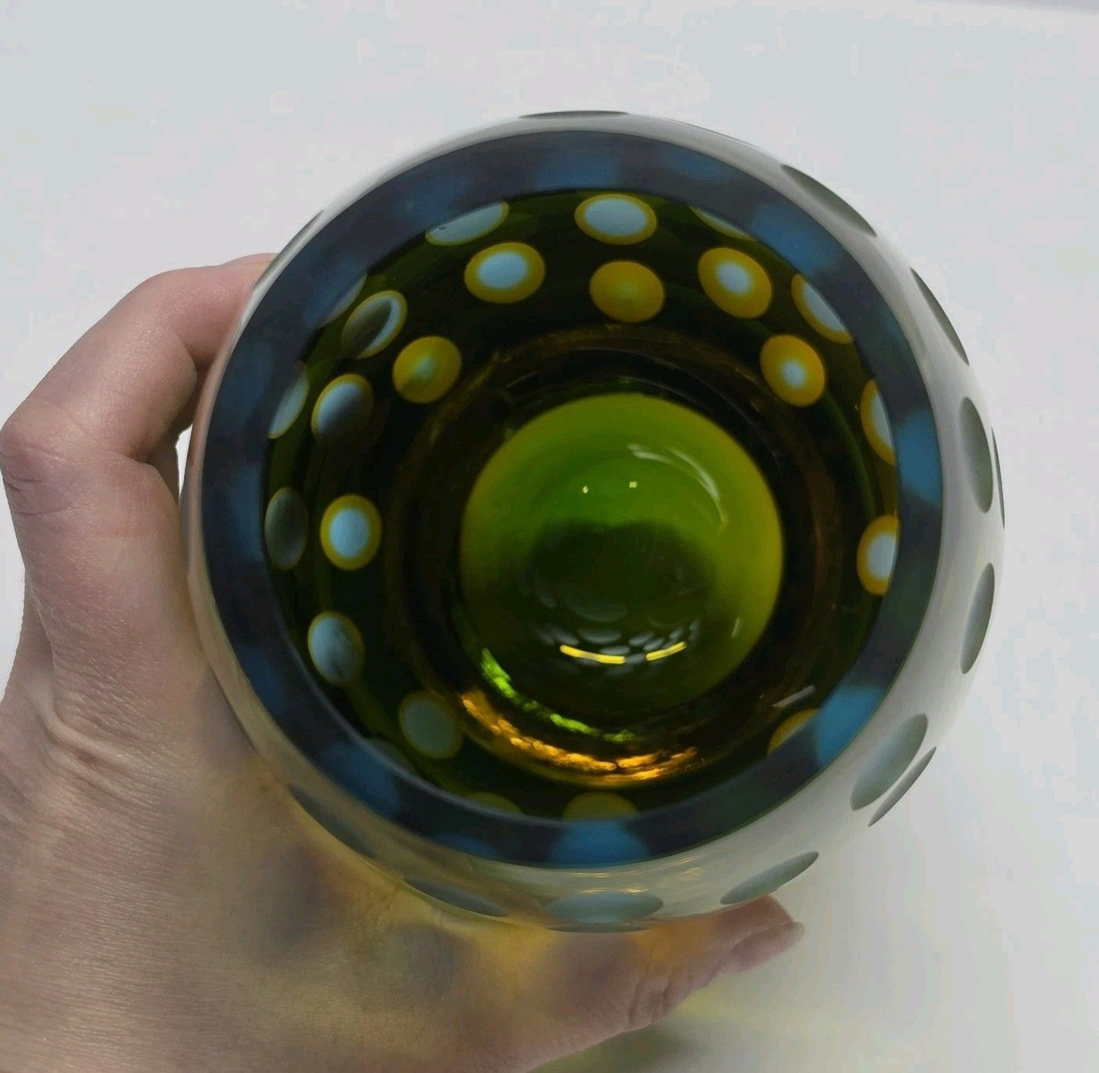 Vintage MCM Abstract Art Glass Vase Green & Amber Frosted Thumbprint