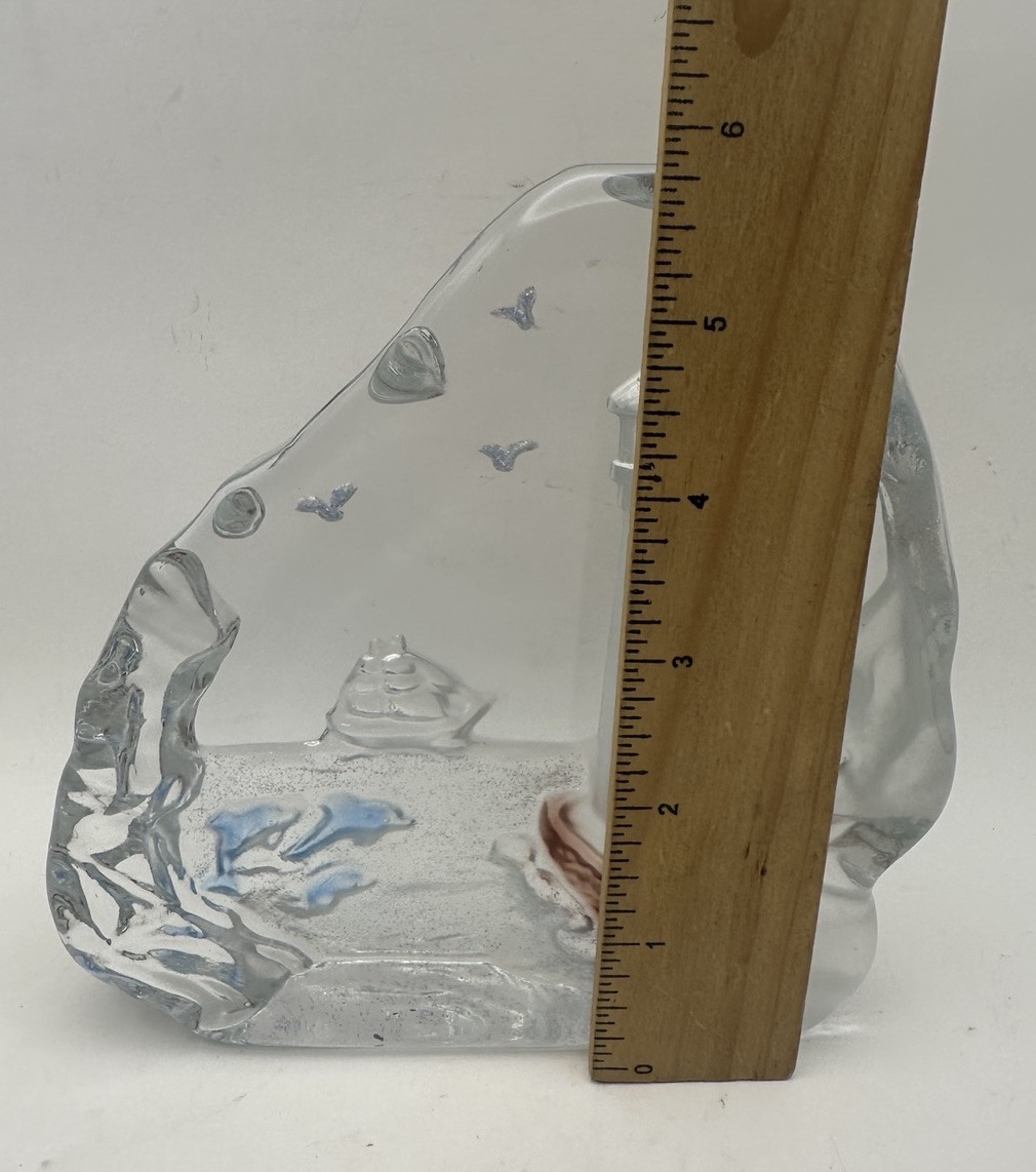 Lighthouse Seascape Glass Art Dolphins Etched Reverse Relief Nautical Vintage 6″