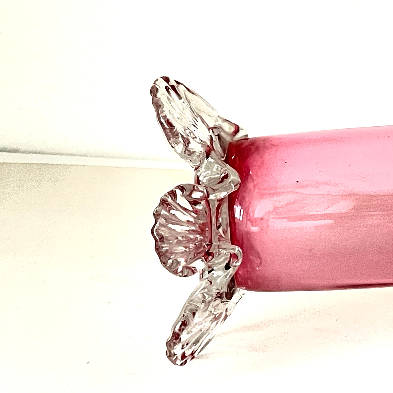 ANTIQUE CRANBERRY PINK TRUMPET VASE WITH RUFFLED RIM CLEAR APPLIED GLASS FEET