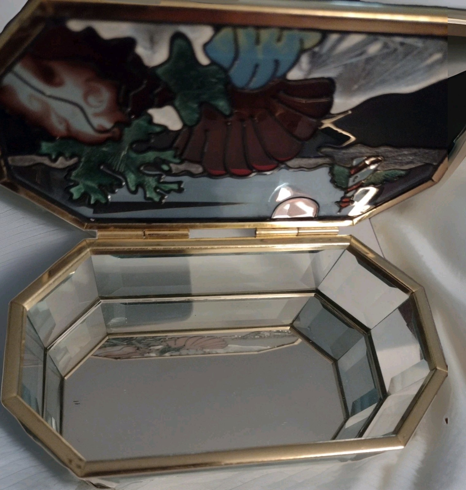 Stained Glass Brass Rim Footed Trinket Box Lighthouse Sea Waterfront Scenery