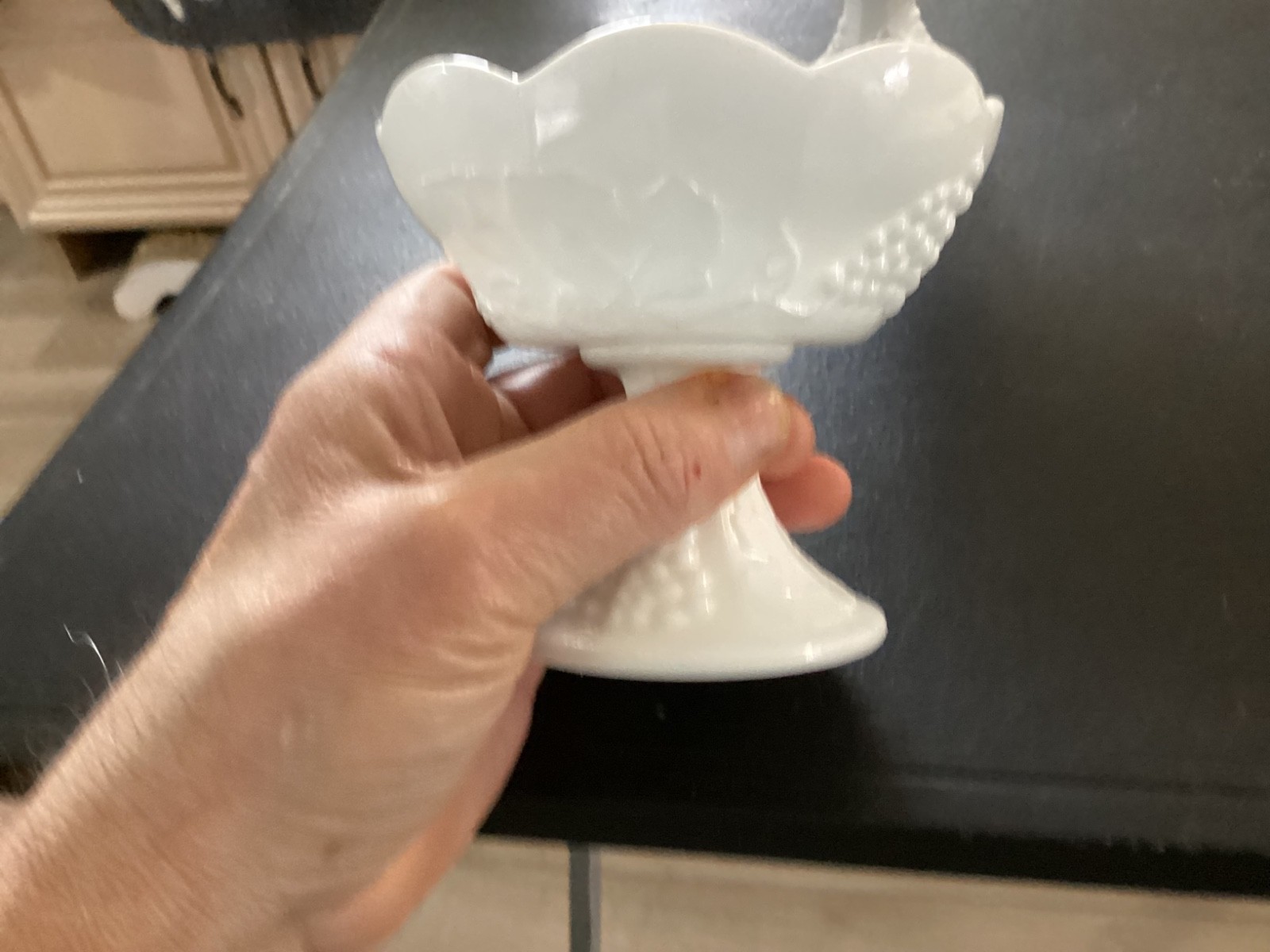Pair of Milk glass scalloped top pedestal stick candle holder