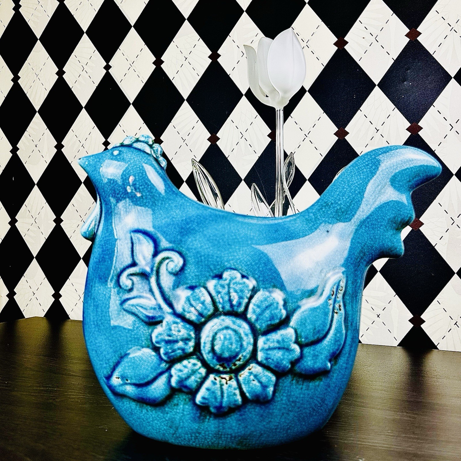 Large Danish Midcentury 13″ Ceramic Hen 1960s Turquoise Crackle Glaze Sculpture