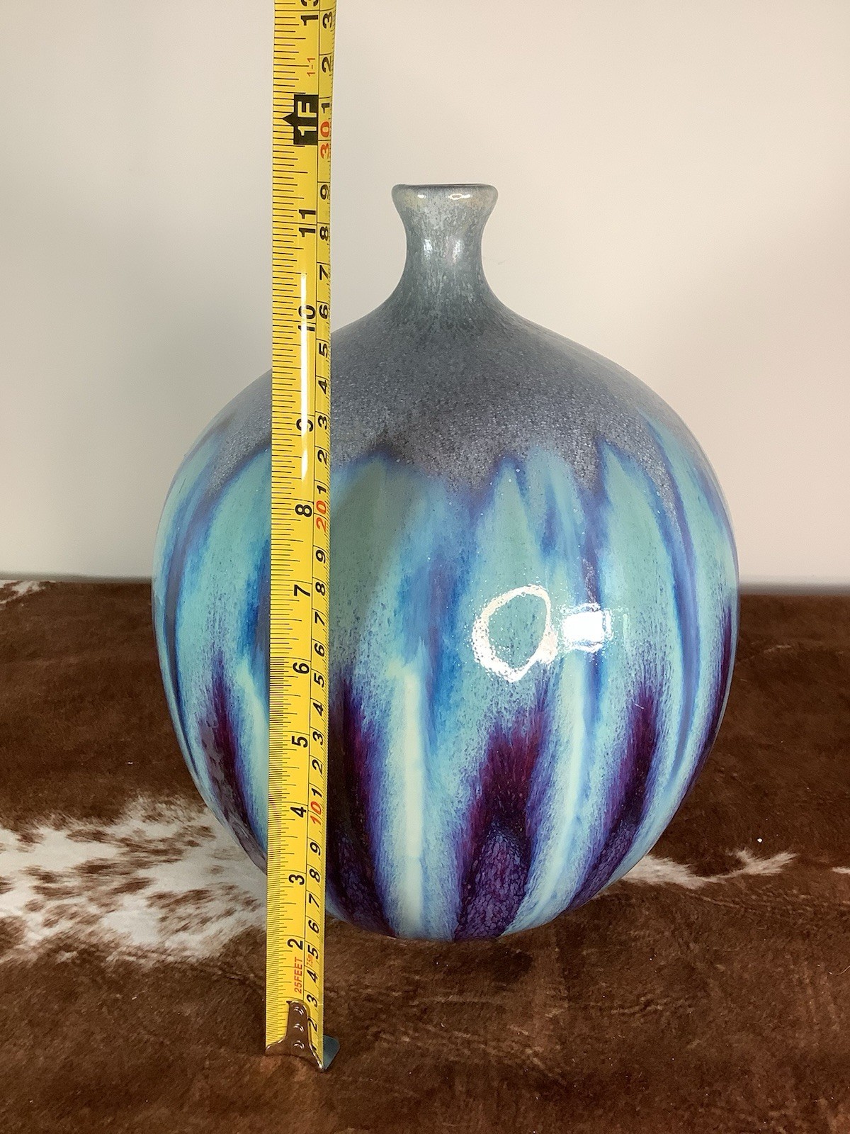 Stunning Modern Pottery Vase Drip Glaze Blue / Purple Stripes 11.5”