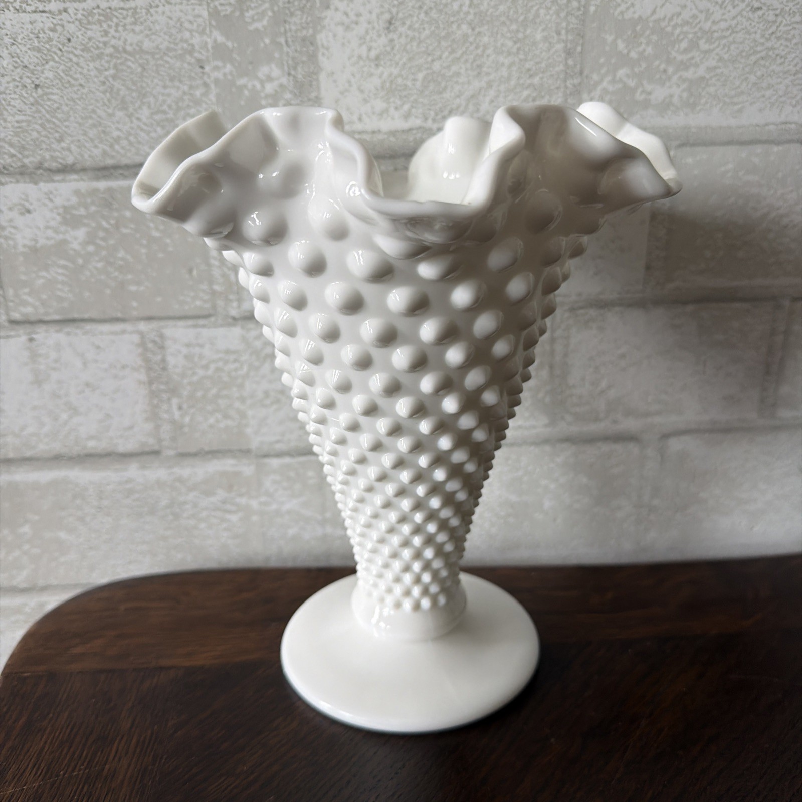 Vintage Fenton White Milk Glass Hobnail 7.5” Trumpet Pedestal Vase Ruffled Edge