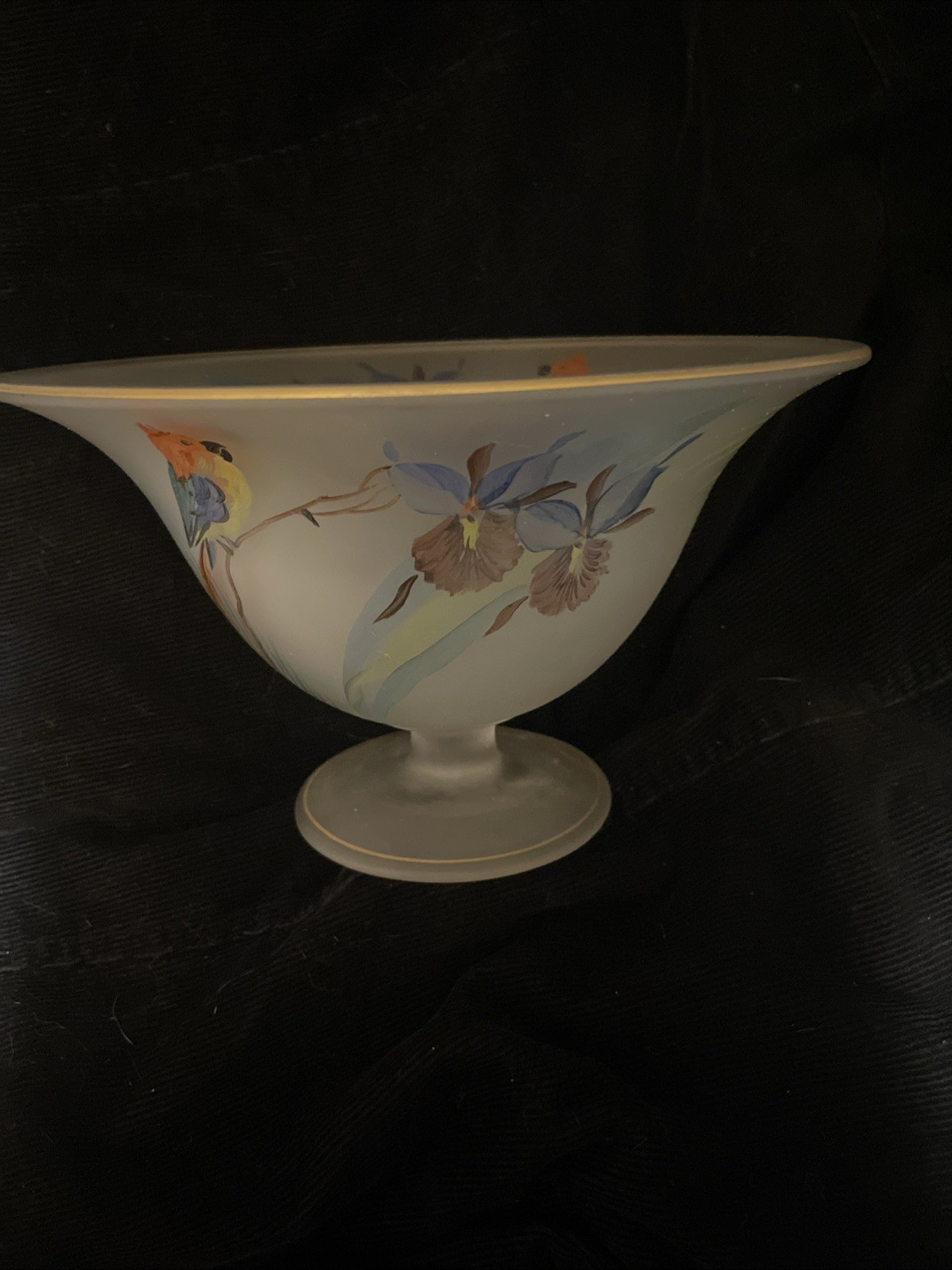 Ca 1925 U.S. Glass Co. (Tiffin) Satin Glass Comport w/ Hand Painted Parrots