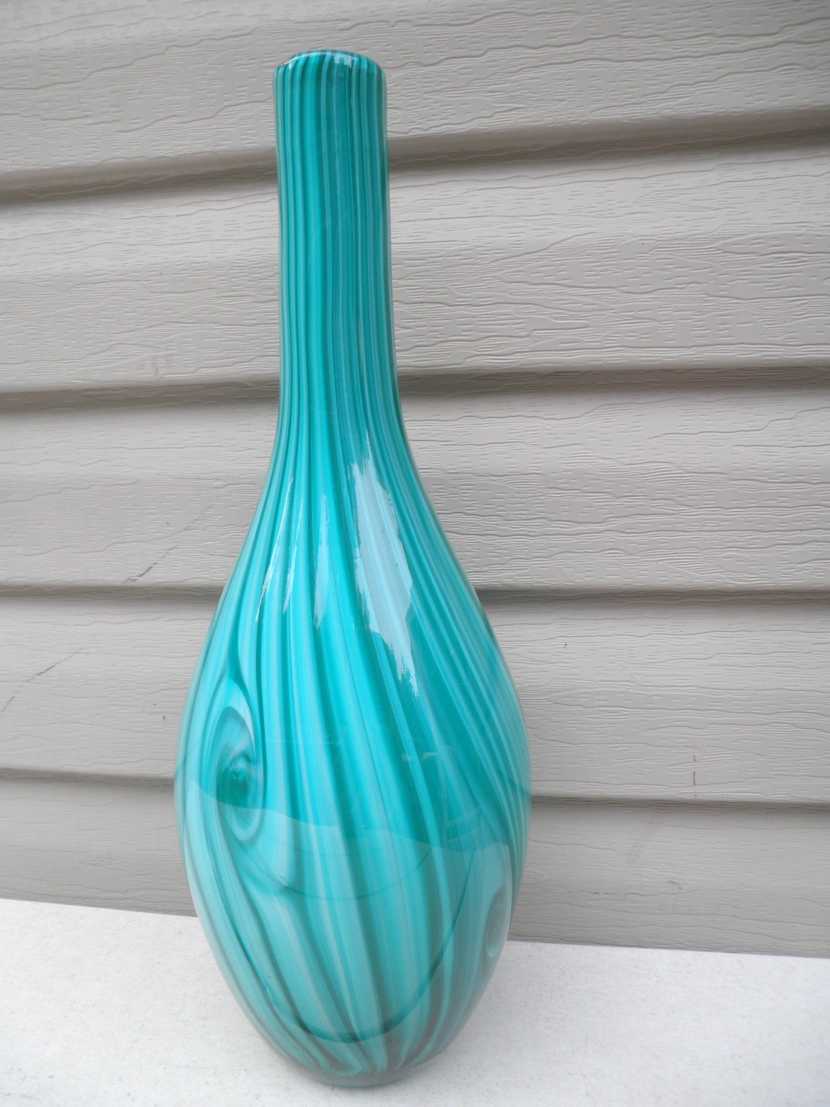 Vintage 16″ Tall Teal Blue & Green Swirled Art Glass Vase– Excellent Condition